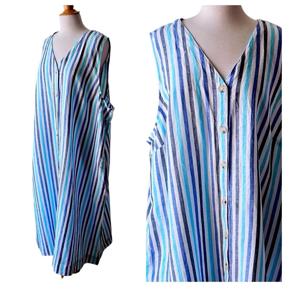 NWT Liz Claiborne Striped Blue White Linen Cotton Sleeveless Dress - Picture 3 of 9